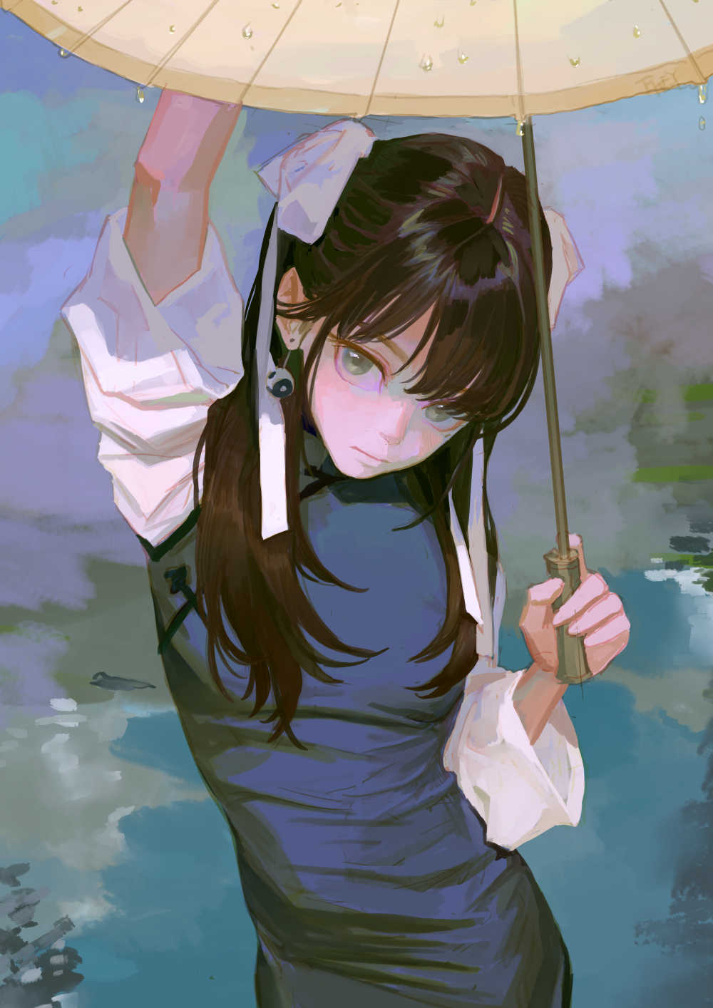 an anime girl with brown hair, bangs, and glasses stands in the rain under an umbrella. she wears a blue cheongsam dress with white sleeves, and her hair is adorned with white bows. she has a panda earring. the background shows water and lily pads, painted in an overcast style.