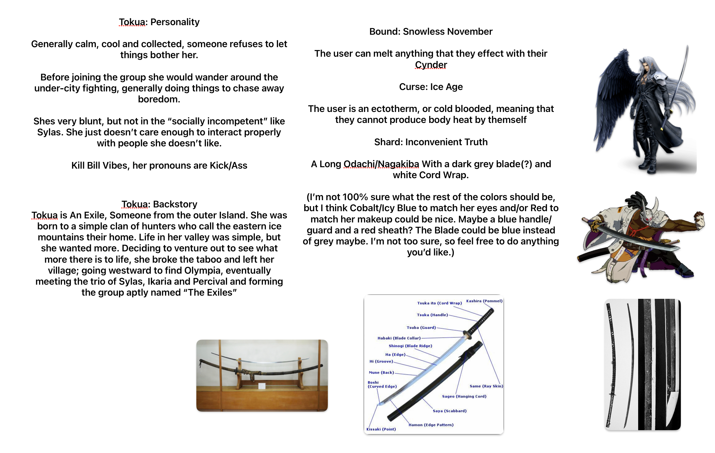 the image is a character concept sheet for a character named tokua. it includes information on her personality, backstory, powers, and weapon (an odachi/nagakiba). there are also reference images for the sword and character design ideas.