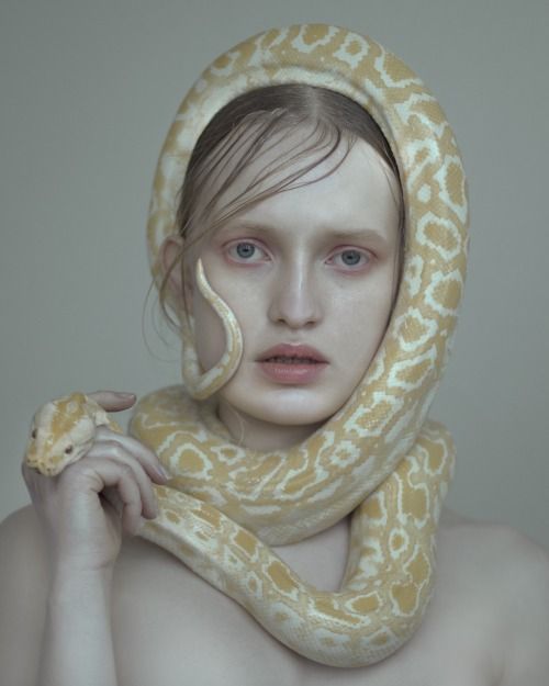 a woman with pale skin is posed in a studio with a large albino python wrapped around her head and neck. the snake's scales are white with brown and yellow patterns. the woman is looking directly at the camera with a soft, ethereal expression. the background is a simple light gray, allowing the woman and the snake to be the focus of the image.