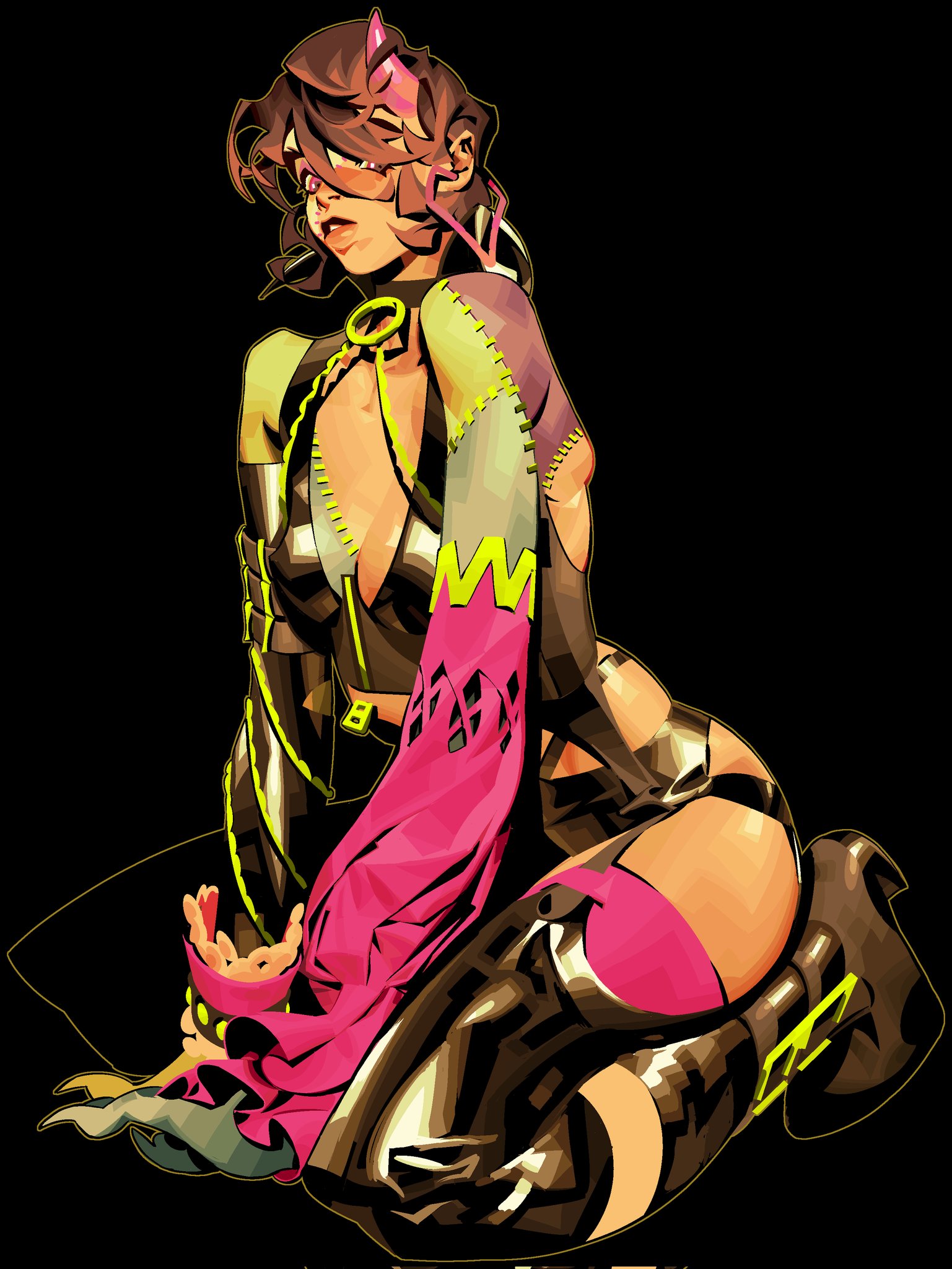 the image is a stylized digital illustration of a female anime character.  she is depicted in a dynamic pose, kneeling with one leg bent behind her.  her attire is a blend of futuristic and fantasy elements; it's a dark, formfitting outfit with neon accents, a pink cloaklike garment, and high boots. she possesses horns, hinting at a demonic or fantastical background. the character's expression is subtle but suggests confidence or mischief. the overall artistic style is bold, graphic, and highly saturated in color.  the background is black, drawing full attention to the character.  the style is reminiscent of modern video game character design.