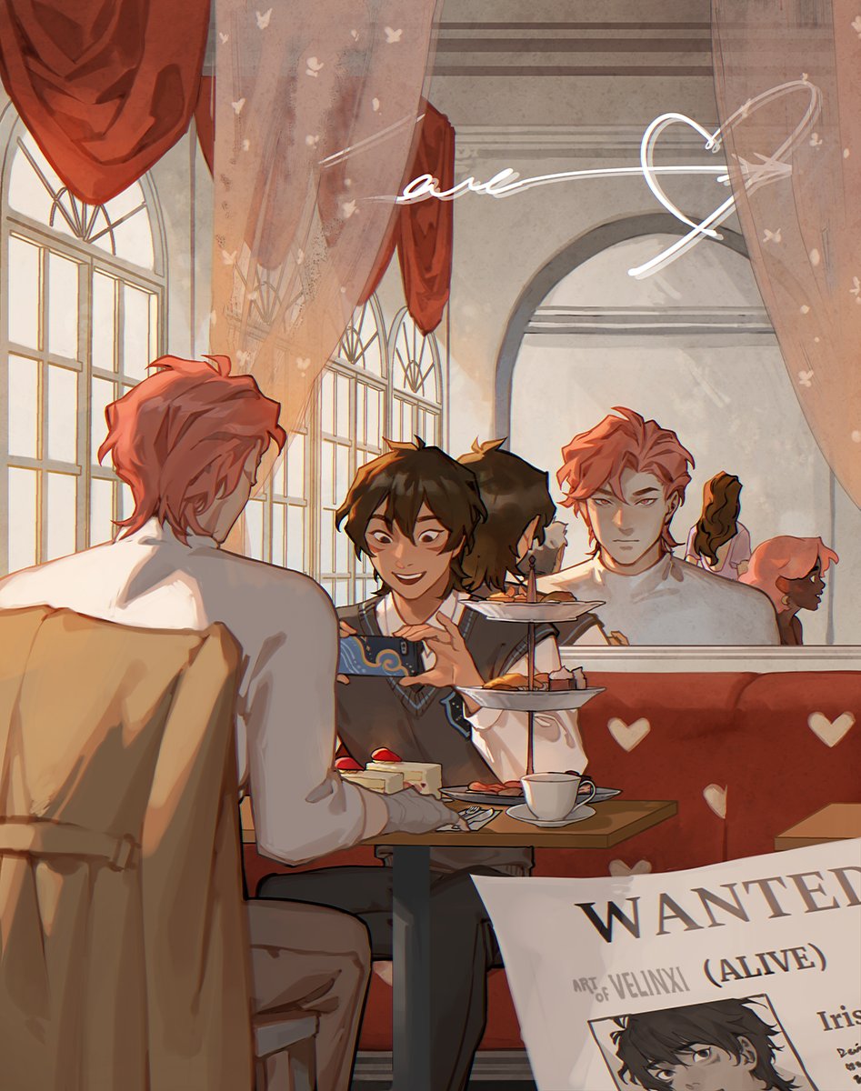 an animestyle illustration depicts three people inside a cafe. two men with red hair sit opposite each other, while a man with brown hair sits between them, holding up a small blue object. a tier of pastries and a cup of tea sit on the table. a wanted poster is partially visible in the foreground. the cafe has red curtains, large windows, and the word "love" is written above with a heart. the atmosphere is romantic and warm.