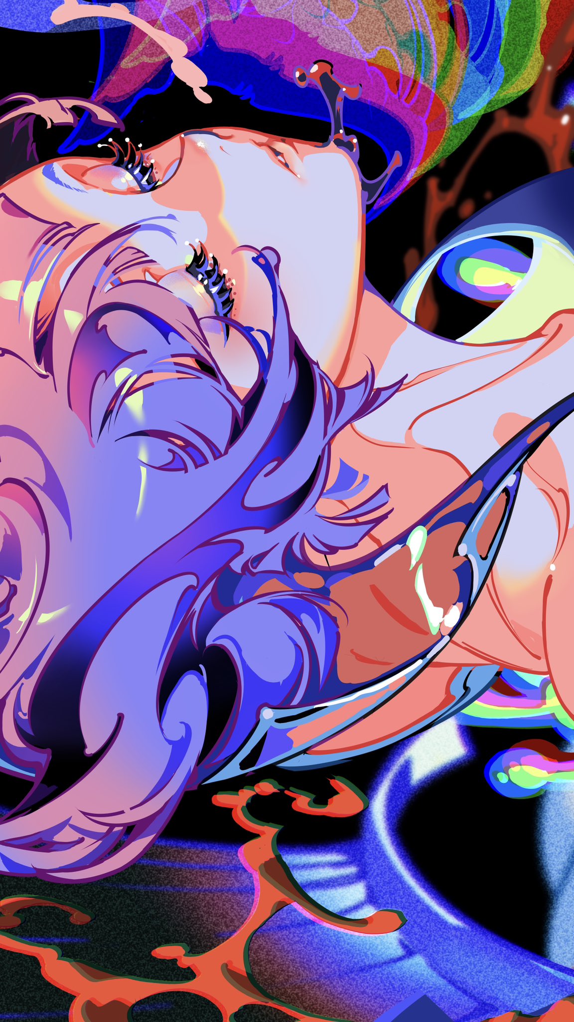 the image is an animestyle illustration of a woman with purple hair and vibrant, psychedelic colors. it's a closeup shot, focusing on her face and upper body. the style is abstract and digitally created, with no clear environment depicted. the overall color palette is striking and colorful.