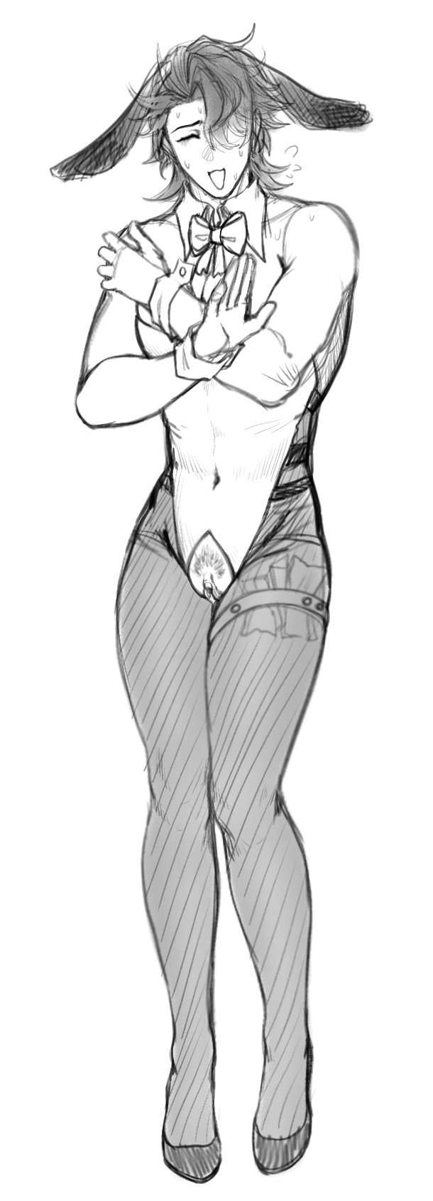 a grayscale sketch of an animestyle male character dressed in a bunny costume. he's blushing and covering his chest with his arms, appearing shy or embarrassed. the drawing is done in a loose, expressive style, emphasizing the character's emotions. the details are minimal but convey the character's pose and expression effectively.