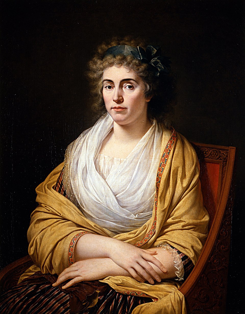 a portrait painting of a woman with curly hair, a yellow shawl, and a white dress, sitting in a chair against a dark background. she has a ribbon in her hair and a composed expression. the painting is done in a realistic style.