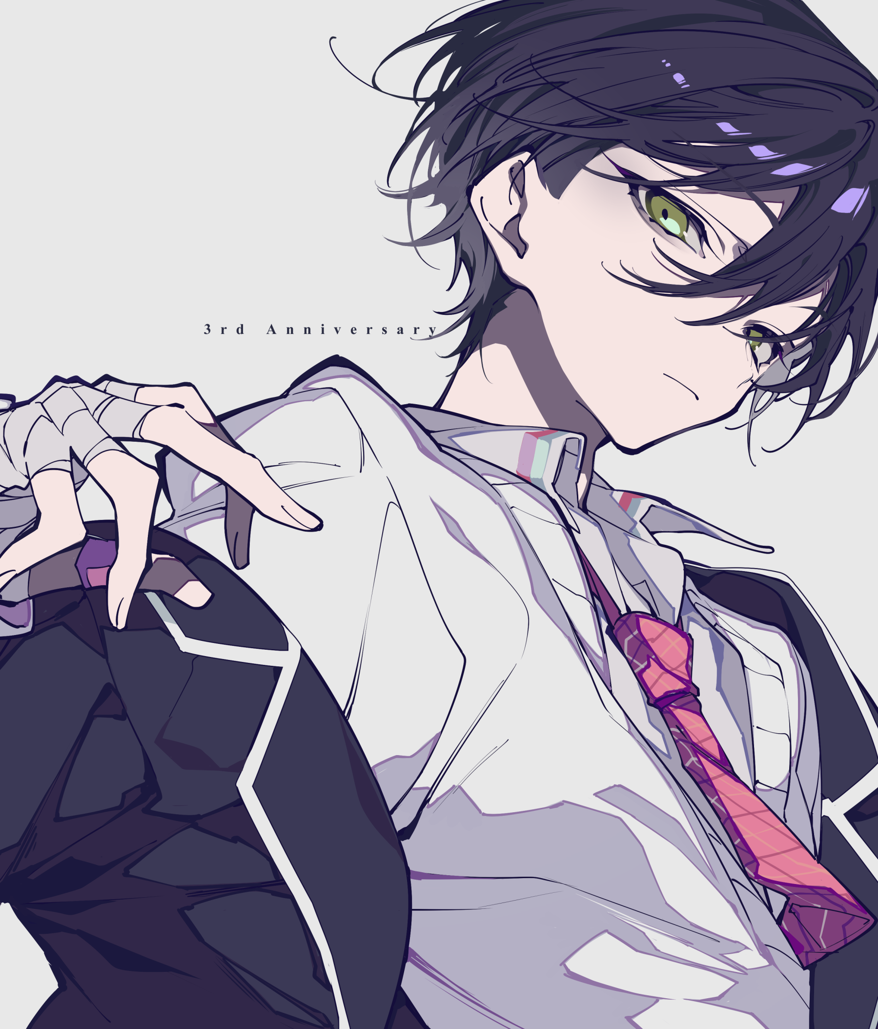 the image is a piece of digital art depicting a male anime character. he has dark hair and striking green eyes. he is wearing a white shirt with a red tie and a black jacket. the text "3rd anniversary" is visible in the image. the artwork is created in a distinct anime style.