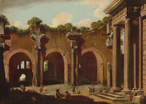 the painting depicts a landscape with ancient roman architectural ruins. several figures are scattered throughout the scene, some standing, some sitting, and some engaged in conversation. the ruins consist of arches, columns, and crumbling walls. the sky is cloudy, and trees grow on top of the ruins. a classical building with columns is on the right side of the painting.
