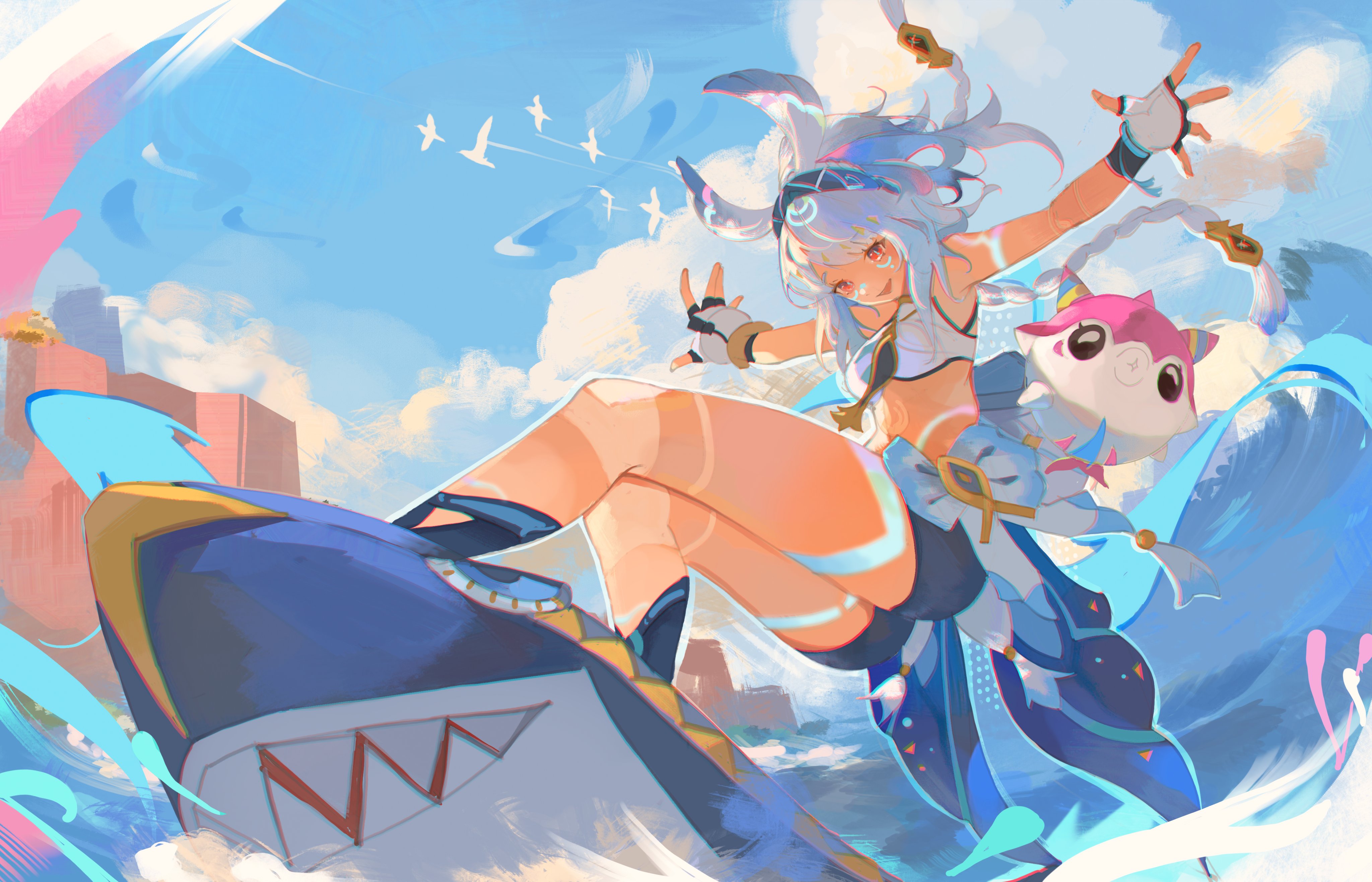 the image is a vibrant digital painting of an animestyle girl surfing on a waveshaped board. she has long, white hair, and is wearing a colorful outfit that includes a short top, shorts, and a long, flowing skirt. the girl is smiling and has a cheerful expression. she is accompanied by a small, fluffy, pink creature that resembles a plushie. the background features a bright blue sky with white clouds, and several birds flying in the distance. the overall style is bright, cheerful, and whimsical, with a strong emphasis on dynamic motion and vibrant colors. the art style is reminiscent of genshin impact, a popular video game. the girl's appearance closely resembles sangonomiya kokomi, a character from the game.
