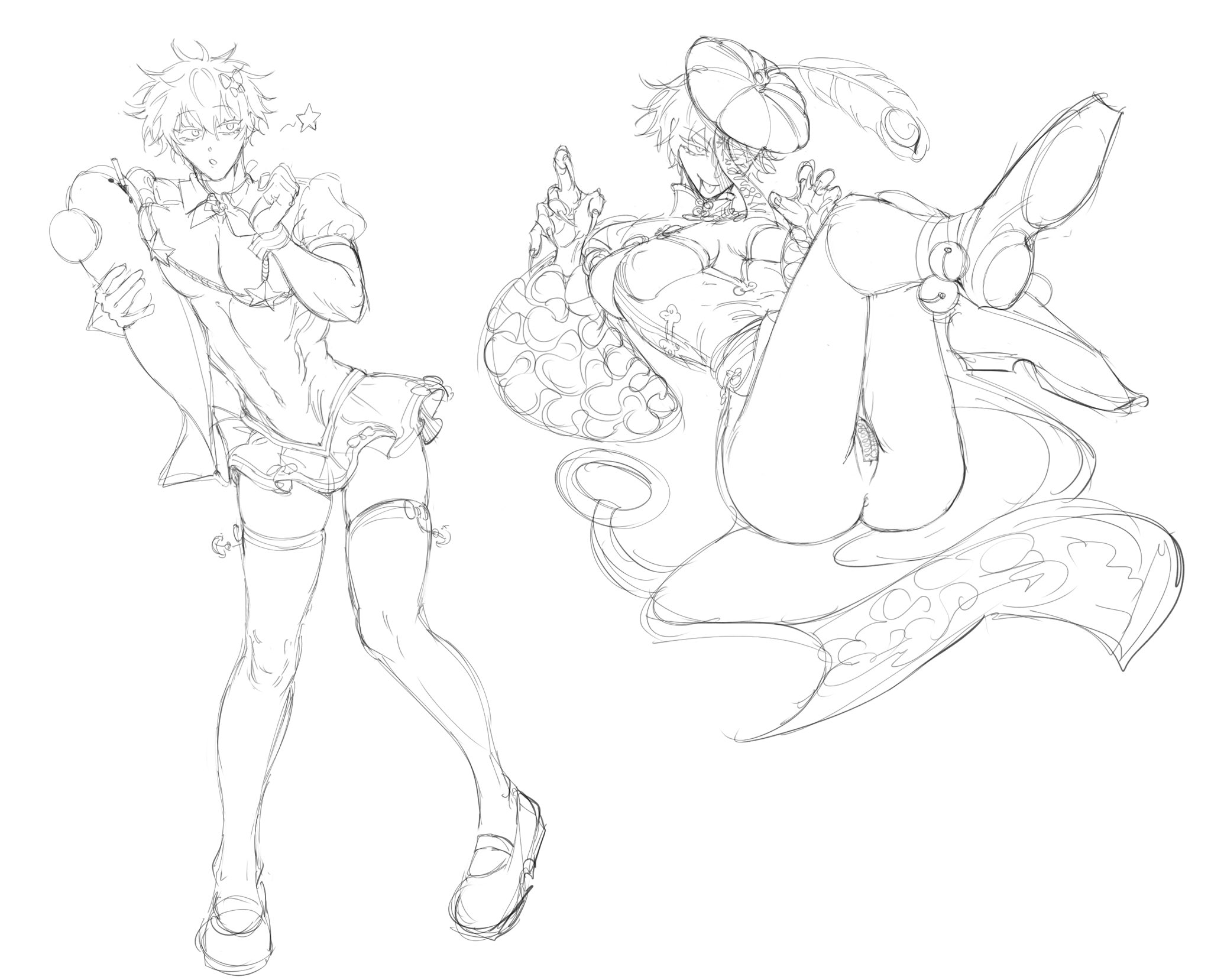 the image contains two pencil sketches of animestyle characters.  on the left is a sketch of a boy in a short, frilly dress and thighhigh stockings, holding what appears to be a stylized microphone or similar object.  he has short, spiky hair and is posed in a slightly playful stance.on the right is a more dynamic sketch of a character, possibly genderfluid or androgynous, wearing a flamboyant outfit with flowing fabric and a hat adorned with a feather. this character is depicted in a relaxed, lounging pose. both sketches show a light, fluid style typical of concept art or character design work, with focus on line and pose rather than intricate detail. the style is suggestive of manga and anime influences, with expressive gestures and whimsical costuming.