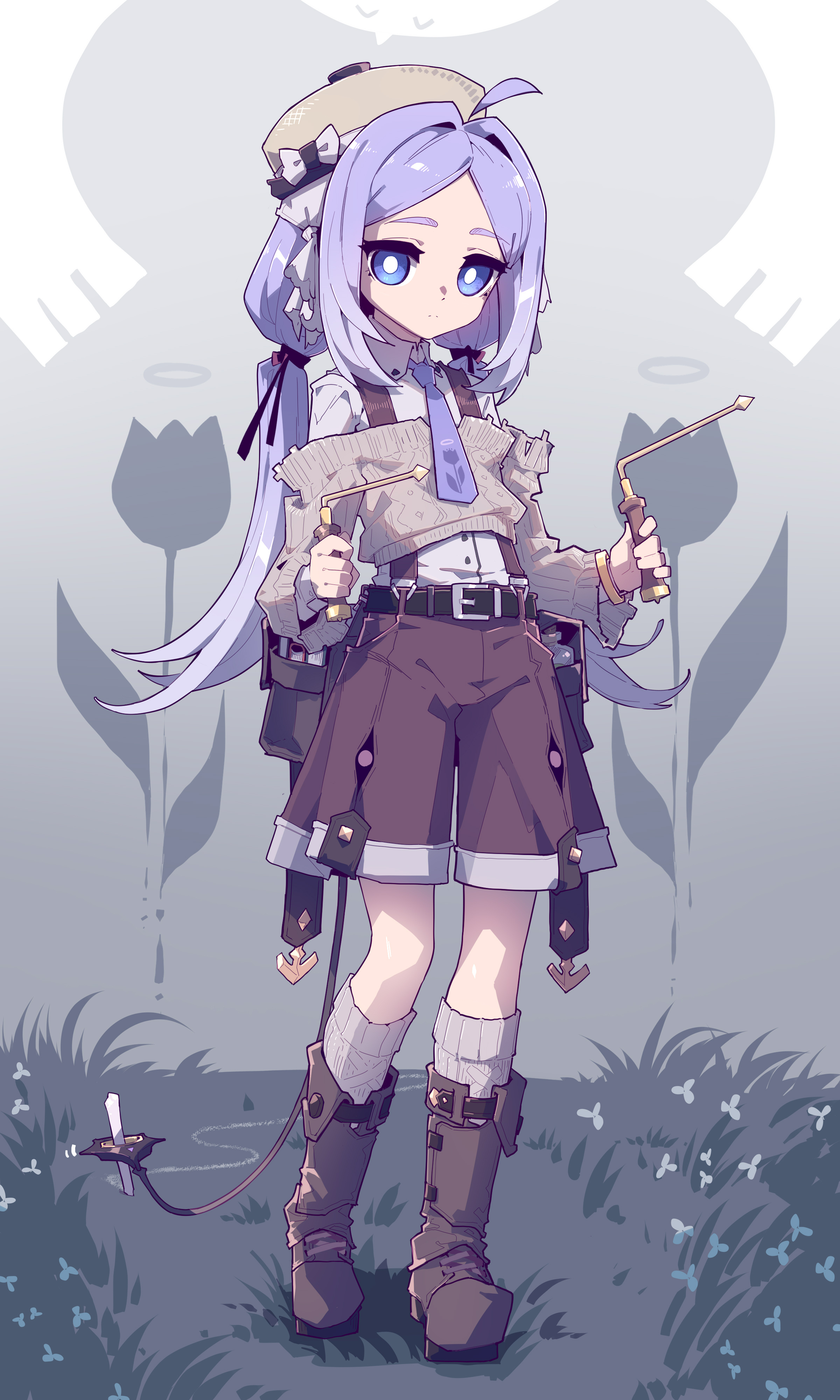 an animestyle illustration of a young girl with light purple hair, blue eyes, and a tan hat adorned with a ribbon. she is wearing a white shirt with a brown, cropped sweater, brown shorts, and boots. she is holding a wand in each hand. the background features tulip silhouettes and grass with small white flowers.