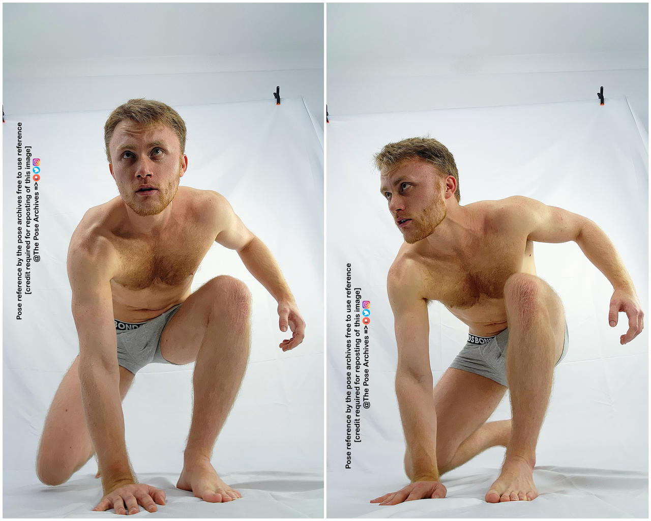 the image shows a young, athletic man in two different crouching poses against a white backdrop. he is shirtless and wearing gray underwear, showcasing his physique. the lighting is soft and natural, likely coming from a large window or studio lighting. the perspective is at eye level, providing a clear view of the poses.  these images appear to be intended as references for artists.