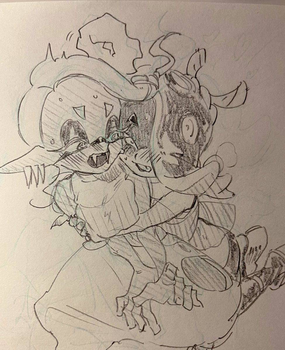 a black and white sketch depicting two characters embracing. the characters appear to be stylized anthropomorphic creatures with exaggerated features, such as large eyes and sharp teeth. the overall impression is one of playful affection and closeness.