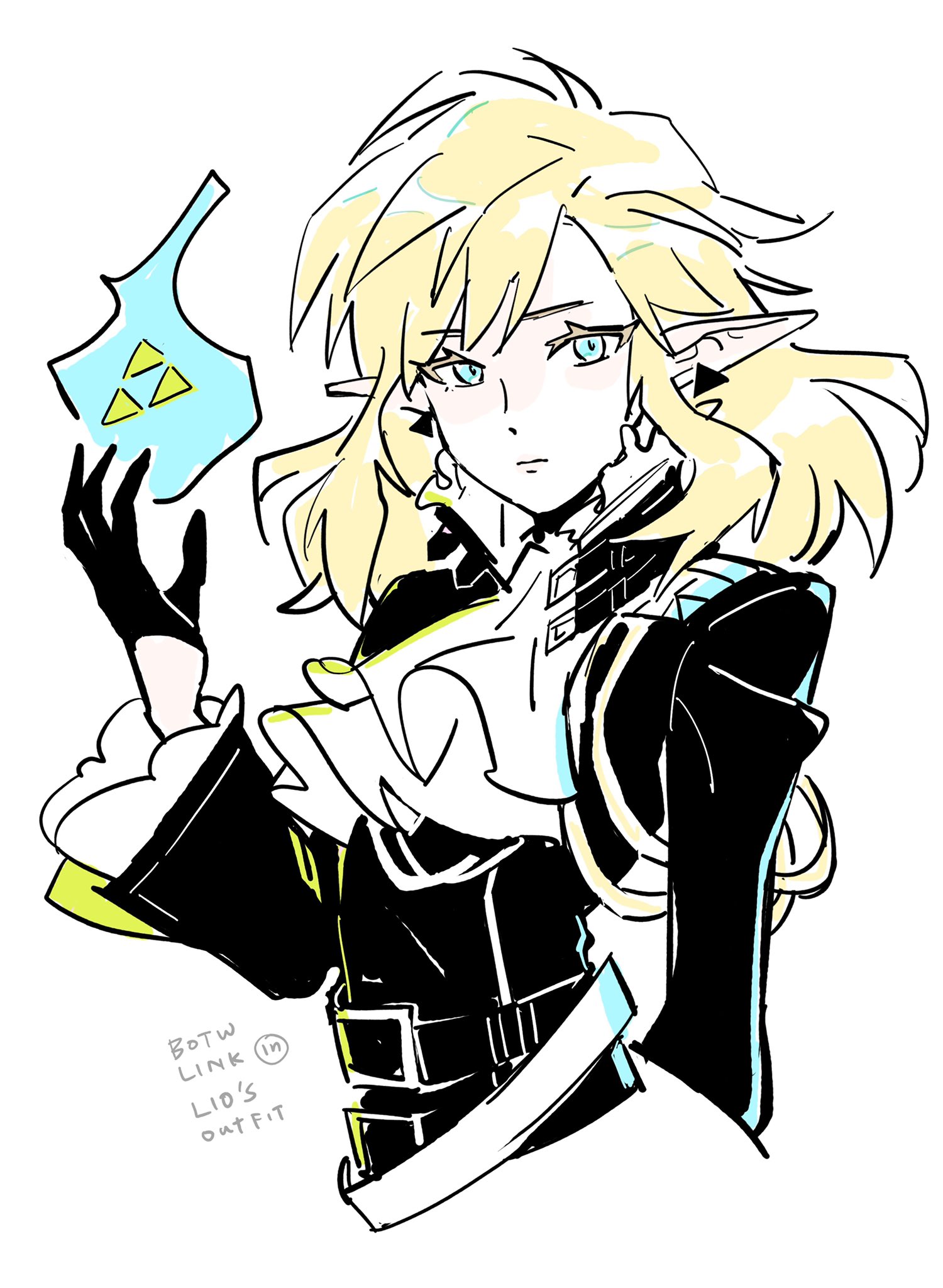 a drawing of link from the legend of zelda: breath of the wild wearing a black and white outfit, holding a blue and yellow triforce. the drawing is in an anime style and is very detailed.  the words "botw link (in) lio's outfit" are written in the corner of the image.