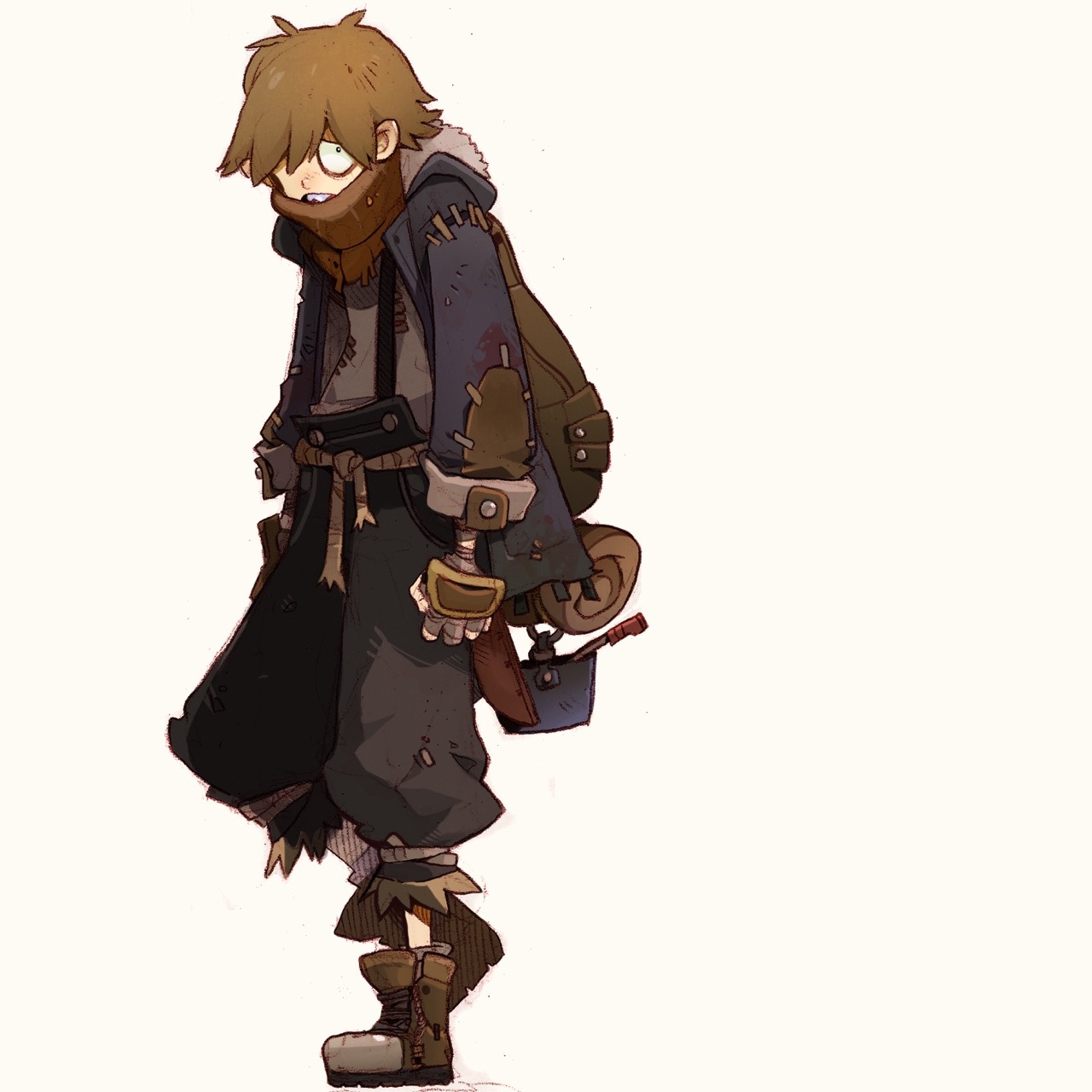 the image showcases a digital illustration of a young man, likely a character concept for a fantasy setting. he is dressed in tattered clothing, suggesting he is an adventurer or traveler. he carries a backpack and bedroll, hinting at a life on the move. the character's expression is stoic, hinting at the hardships he may have endured. the art style is somewhat cartoonish with exaggerated features, yet maintains a sense of realism in the character's posture and attire. the overall palette consists of muted tones, reinforcing the potential postapocalyptic or rugged nature of the setting.