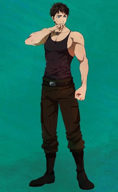 a fullbody illustration of a young adult, athletic, fictional, male character with short brown hair and blue eyes against a turquoise background. he has an annoyed expression on his face, with his left hand on his chin. he is wearing a black tank top tucked into brown cargo pants with a brown belt and black combat boots. his right hand is in a fist by his side.