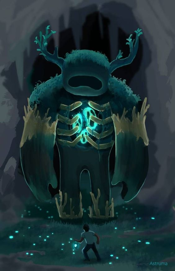 the image showcases a large, glowing, mosscovered creature with antlers standing in a cave. its internal structure resembles a ribcage, with glowing orbs pulsating in its chest. a man stands in the foreground, dwarfed by the creature's size, seemingly holding a source of light. the overall ambiance is dark and mysterious, accentuated by the volumetric lighting and the low angle perspective. the presence of glowing flora on the creature and the cave floor adds a touch of magic and wonder.