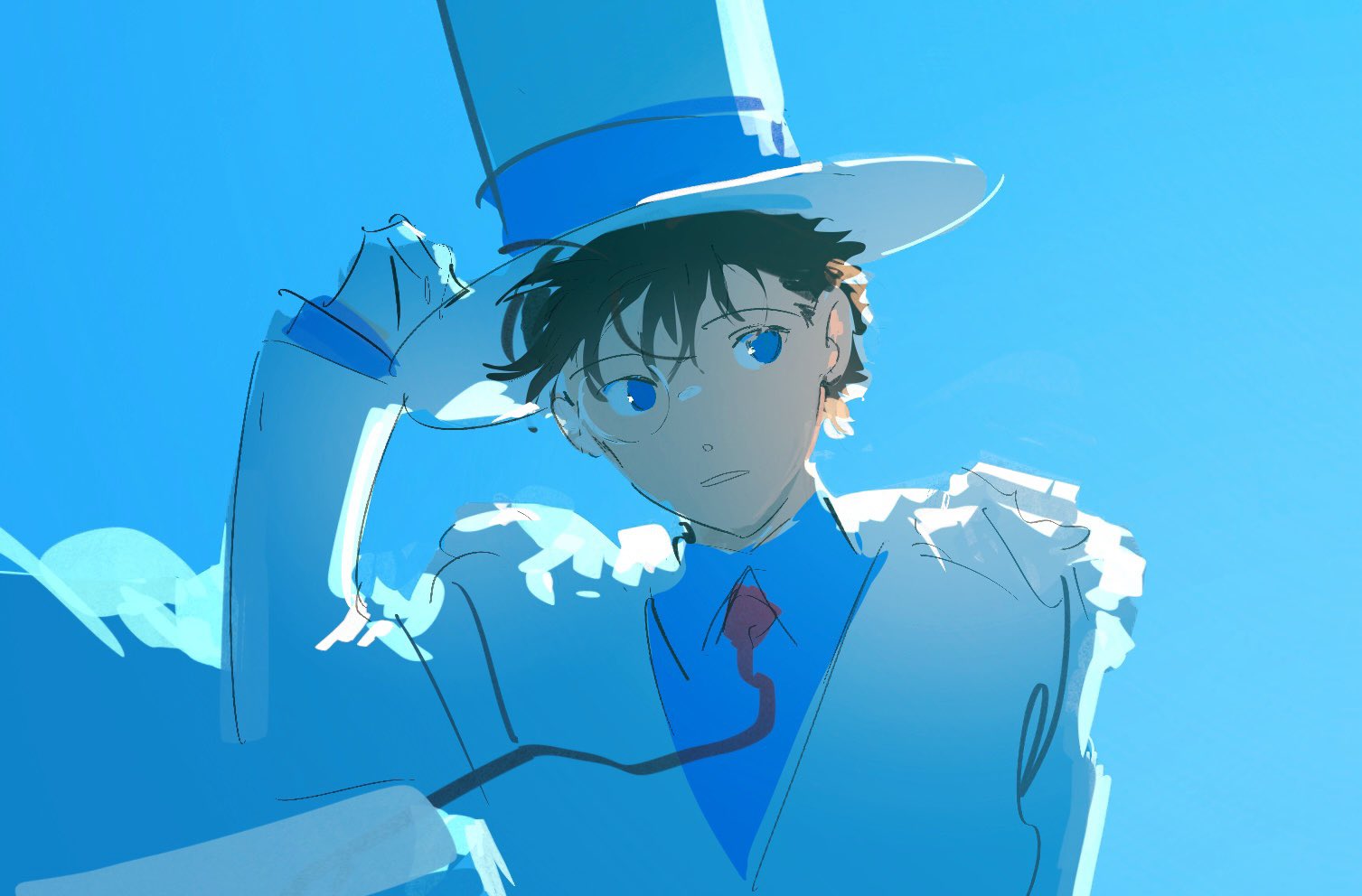 the image is an artistic illustration of a young man, likely an anime character, dressed in a distinctive blue and white outfit. he wears a white suit jacket with exaggerated lapels and a highcollared blue shirt with a red tie. his most defining feature is a tall, white top hat with a blue band.  he is set against a vibrant blue background, suggesting a clear sky. the art style is loose and expressive, using a predominantly blue color scheme with white highlights to create a sense of light and movement.