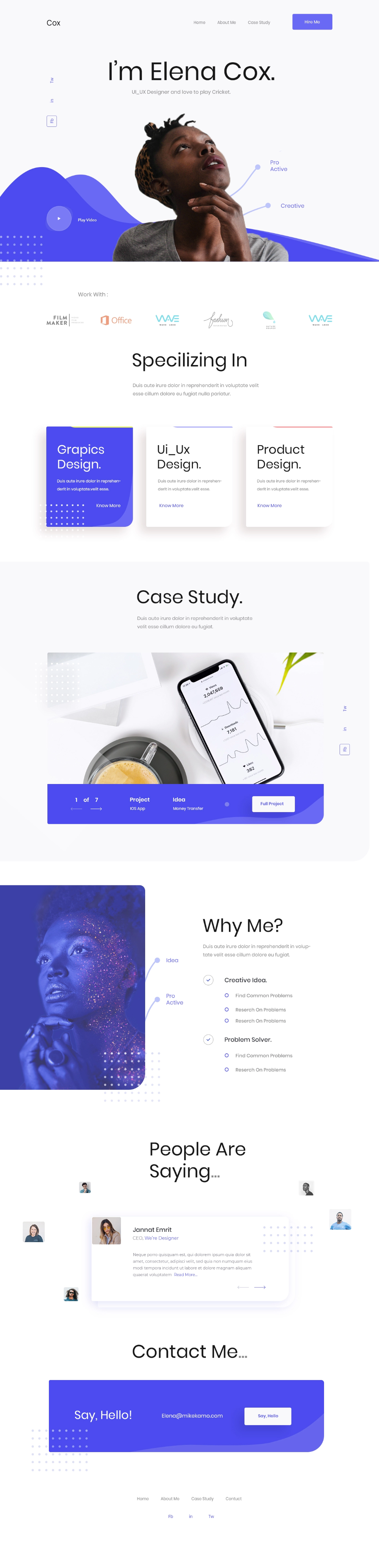 this is a website for a graphic designer, ui/ux designer, and product designer named elena cox. the website features a portfolio of her work, case studies, and client testimonials. it also includes a contact form and social media links. the website is designed to be clean, modern, and easy to navigate.