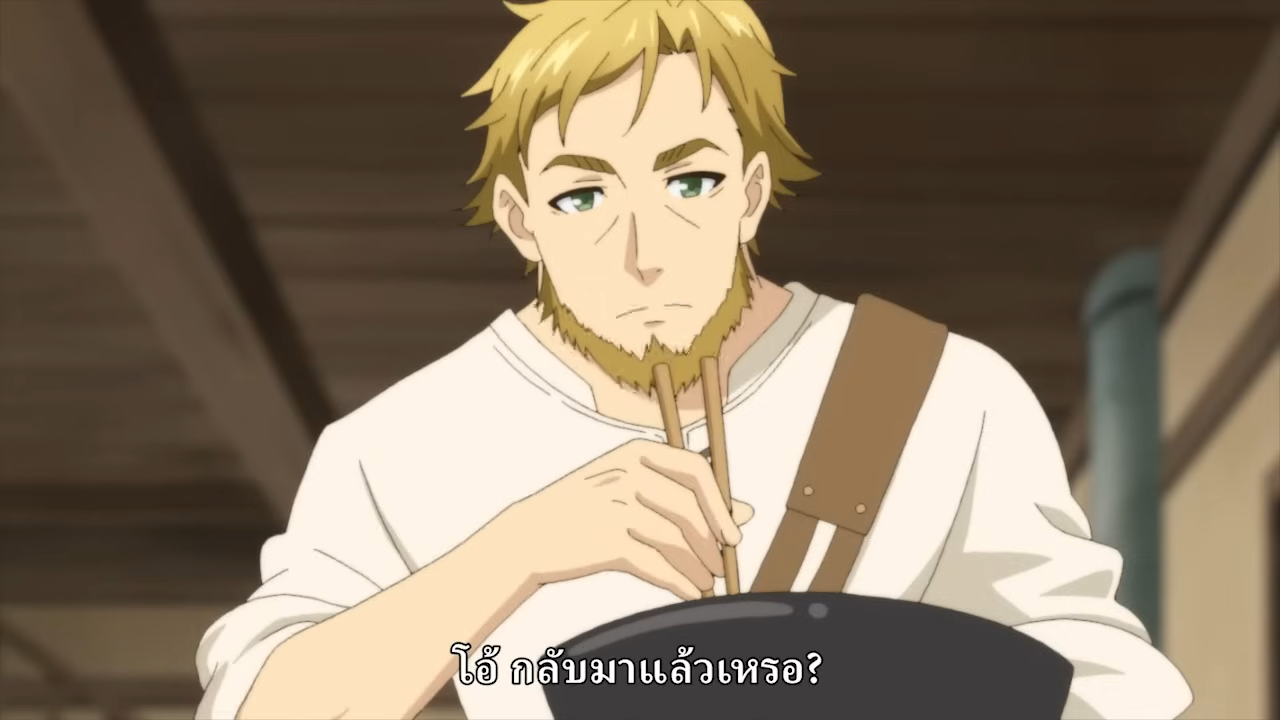 a man with blonde hair and a short beard is shown from the chest up. he's holding a pair of chopsticks in his right hand and looking intently at something in front of him, possibly a bowl of food. the man's wearing a white, longsleeved shirt and a brown strap across his chest. the setting appears to be indoors, possibly a restaurant, with a wooden ceiling visible. the image has a soft lighting and a warm color palette. there is nonenglish text along the bottom of the image.