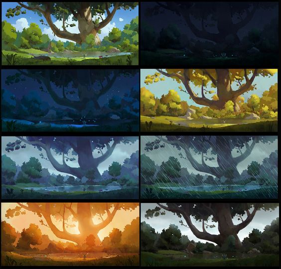 the image shows a large, majestic tree in the center of a natural landscape with a river flowing in front of it. the scene is depicted under various lighting conditions and weather, showcasing different times of day and atmospheric effects. from bright daylight to starry nights, stormy skies to soft overcast days, the artwork explores diverse moods and visual impacts. the wideangle perspective emphasizes the grandeur of the tree and the surrounding environment.