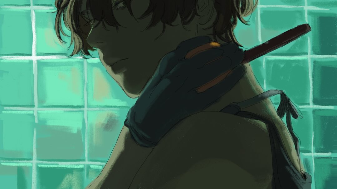 a closeup digital painting of an animestyle young man with short brown hair and glasses. he is partially turned away from the viewer, and he appears to be in a bathroom or shower, as indicated by the tealcolored tiles in the background. the man is wearing a dark glove on one hand and holding a darkcolored brush; an orange object is visible between his neck and the brush. the overall mood is dark and mysterious, enhanced by the use of shadows and atmospheric lighting. the art style is painterly and expressive, focusing on mood and atmosphere rather than precise detail.
