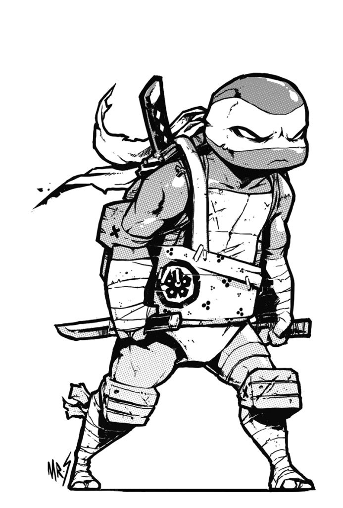 this is a black and white illustration of a ninja turtle. he's wearing his bandana, mask, and shell. he's holding two swords, one in each hand. the drawing is in a comic book style.