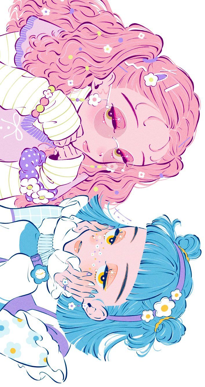 this is a cartoon illustration of two girls. the girl on the top has pink hair and the girl on the bottom has blue hair. they are both smiling and looking at each other. the girl on the top is wearing a white shirt with pink stripes and the girl on the bottom is wearing a white shirt with blue stripes. both of their hair has little flowers and the background is white. the girls have very cute eyes and are drawn in an anime style. the overall image is very cute and cheerful.