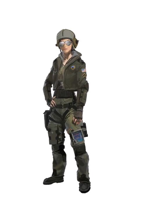a woman in a futuristic military outfit stands in front of a white background. she's wearing a camouflaged jacket, pants, and boots. she's also wearing a helmet with goggles and a  gun on her hip.