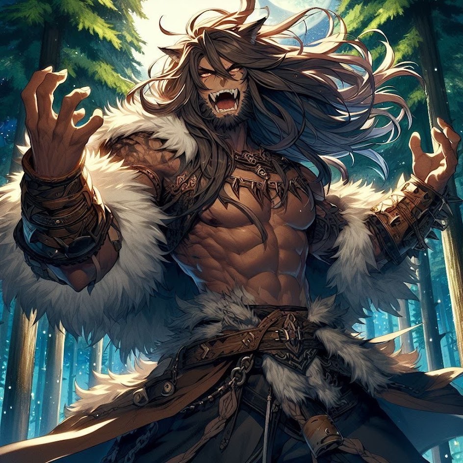 a muscular, werewolflike man with long, dark brown hair, sharp teeth, and piercing eyes, roars in a forest. he is clad in fur and leather armor, and his body is sculpted from strength. the background is lush and verdant, with tall trees surrounding the figure. the image is a powerful and evocative depiction of a mythical creature, showcasing its raw power and untamed nature.