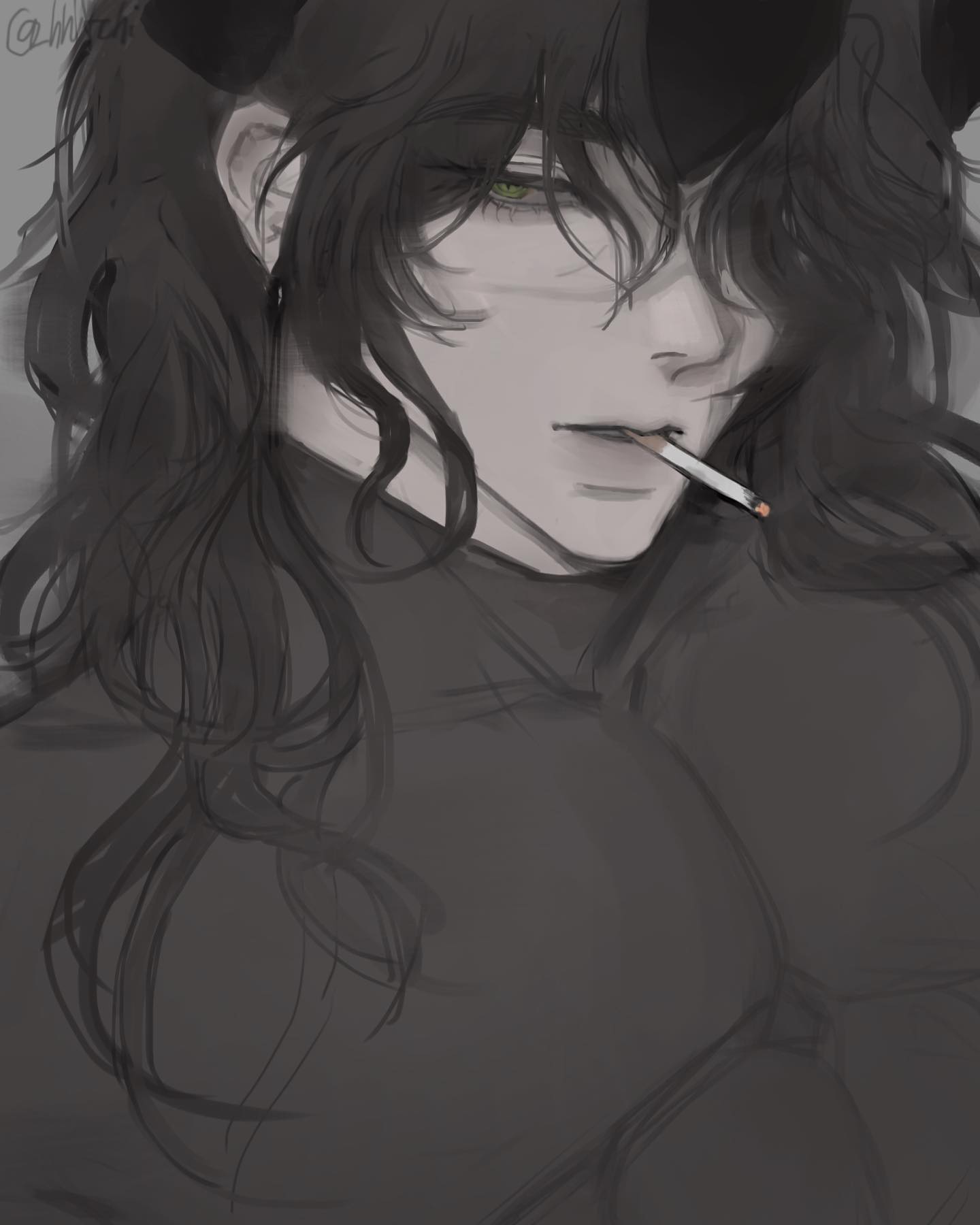 the image is a digital drawing or painting of a young animestyle male character. he has long, dark hair that falls past his shoulders, and his eyes are a striking green.  he appears to be smoking a cigarette and has small horns visible on his head. his expression is somewhat melancholic and mysterious. the art style is dark and moody, utilizing mostly shades of gray and black with subtle highlights to create depth and dimension. the overall atmosphere is stylish and sophisticated, hinting at a character with a complex personality.
