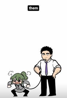 a blackandwhite comic drawing featuring an adult man in business attire holding a leash attached to a young woman dressed like a student. she appears visibly angry. the word "them" is written at the top of the image.