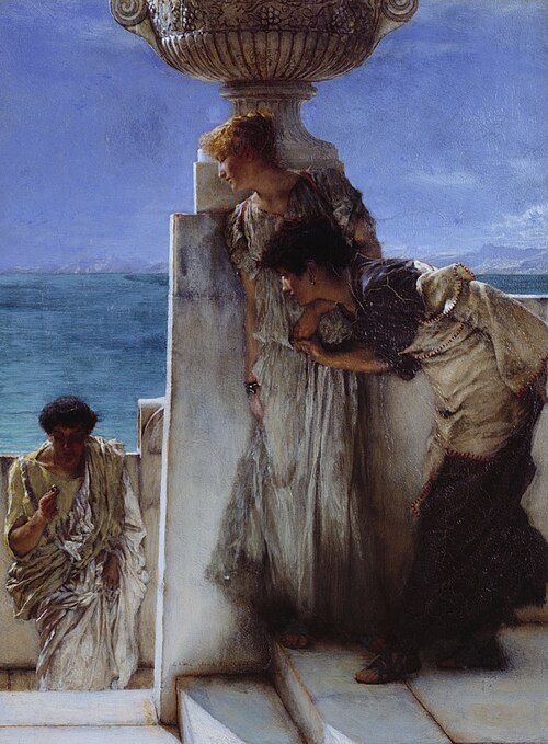 the painting by lawrence almatadema depicts three figures in what appears to be an ancient roman setting. two women are standing together, leaning on a marble terrace, looking out at the sea. a man stands separately to the left, holding something small in his hand, seemingly lost in thought. a decorative vase is placed above the terrace. the scene evokes a sense of leisure and contemplation in a classical setting.