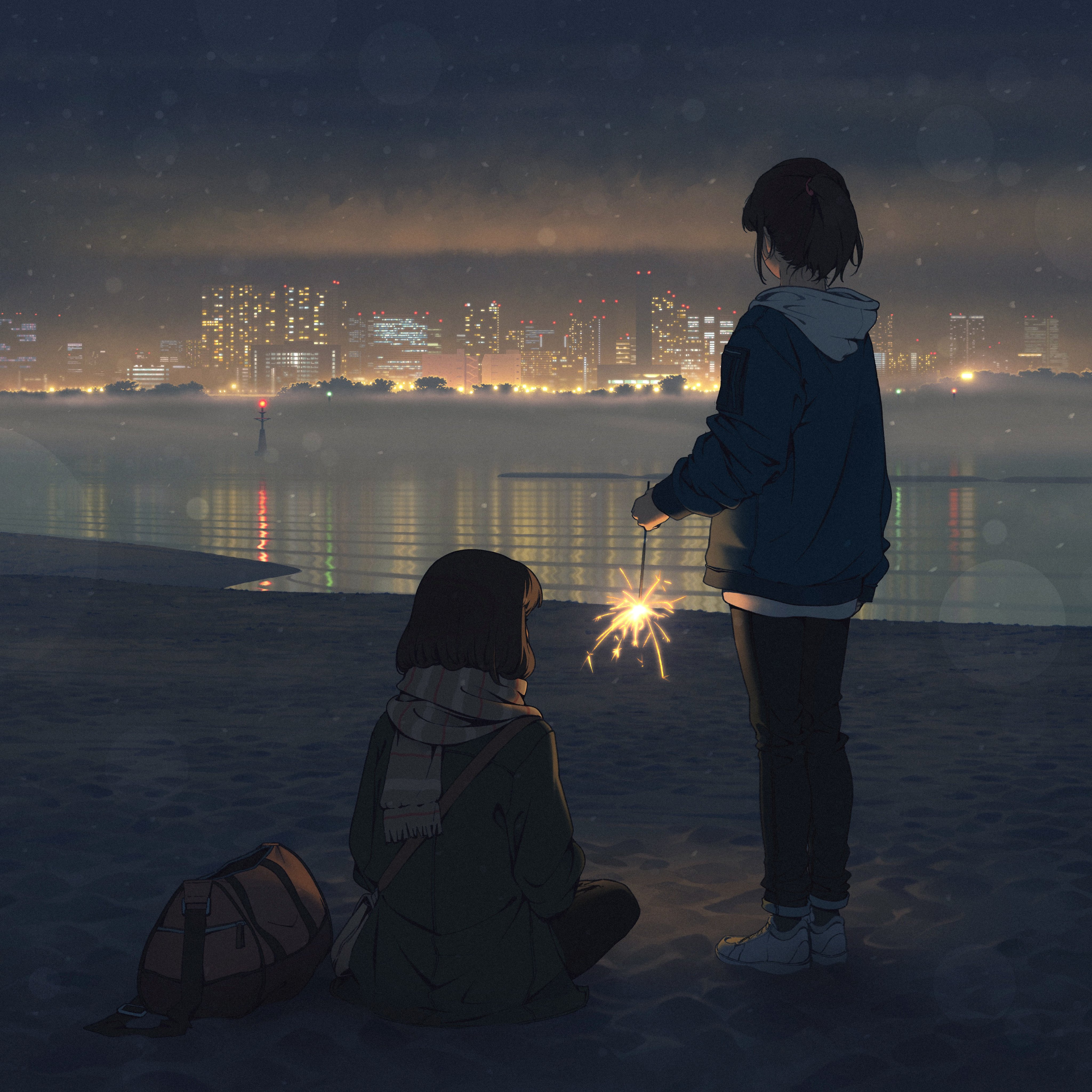 the image showcases two girls on a sandy beach at night, their backs to the viewer. one girl holds a lit sparkler, its warm light contrasting with the cool tones of the night. they are positioned before a tranquil body of water, reflecting the lights of a distant cityscape. the atmosphere is peaceful and slightly melancholic, imbued with a sense of quiet friendship and introspection. the color palette is predominantly cool, with warm accents from the city lights and sparkler.