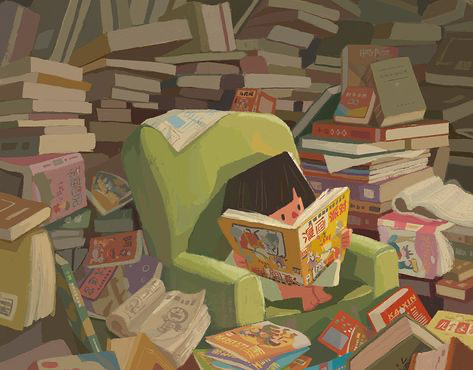 a girl sitting in a green armchair reading a comic book. she is surrounded by books of all shapes and sizes, piled high around her. she is engrossed in her reading, and the scene is full of color and life.