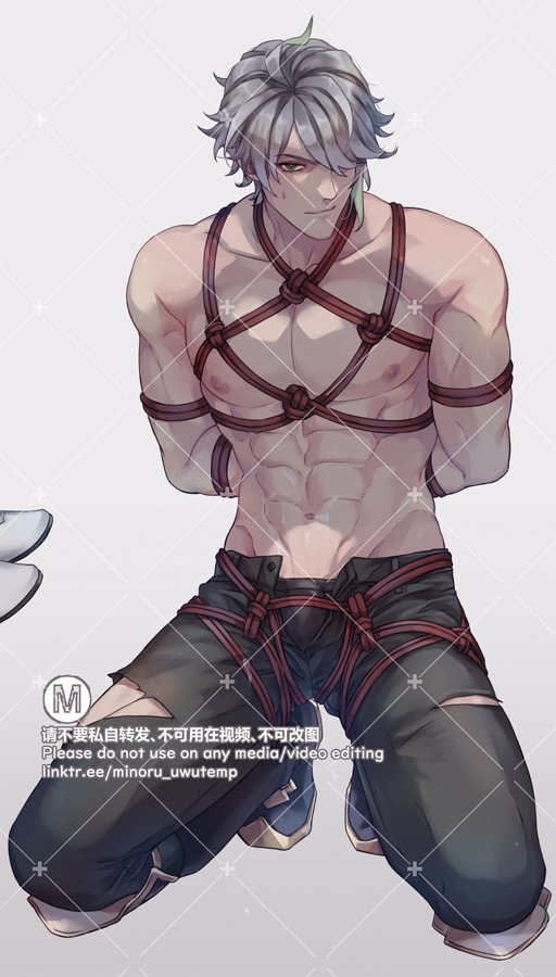 a drawing of a handsome anime boy with white hair tied up with ropes. he is wearing jeans and looks to be in distress.