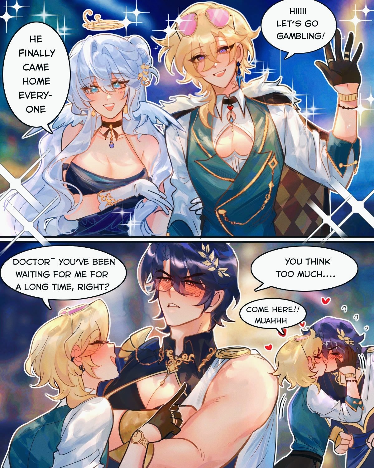 the image is a twopanel comic strip featuring stylized animestyle characters.  the first panel shows three characters: a regallooking blonde man in a teal suit excitedly declaring he's going gambling. next to him stands a serene woman with light blue hair in an elegant dark dress. she seems to calmly accept the situation. the text above the woman says "he finally came home everyone". the second panel depicts a muscular darkhaired man in a togalike outfit, holding a blonde shorter man, who is smiling fondly. a secondary couple is shown in the background of this panel, engaged in a passionate kiss. the dark haired man says "doctor, you've been waiting for me for a long time, right?" while the smaller blonde man says "you think too much...come here! muahh!". the overall tone suggests a romantic, humorous, and playful narrative within the fantastical setting. the art style is detailed and vibrant, showcasing the characters' emotions and their dynamic relationships.