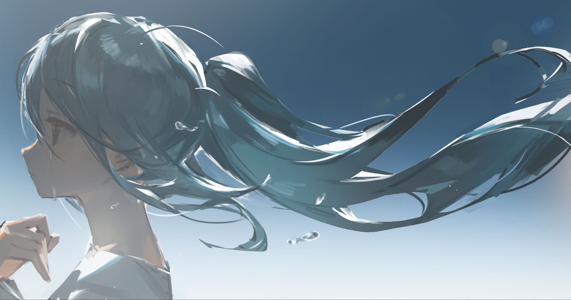 the image depicts a digital painting of an animestyle girl with long, teal hair that is dramatically windblown.  her hair flows behind her in a dynamic, almost abstract fashion, contrasting with her relatively still body. she appears to be sad or crying, as suggested by her posture and what seems to be tears on her face. the background is a bright, simple blue sky, creating a stark but beautiful contrast with the girl's teal hair and soft skin tones. the overall style is soft, ethereal, and emotionally evocative.