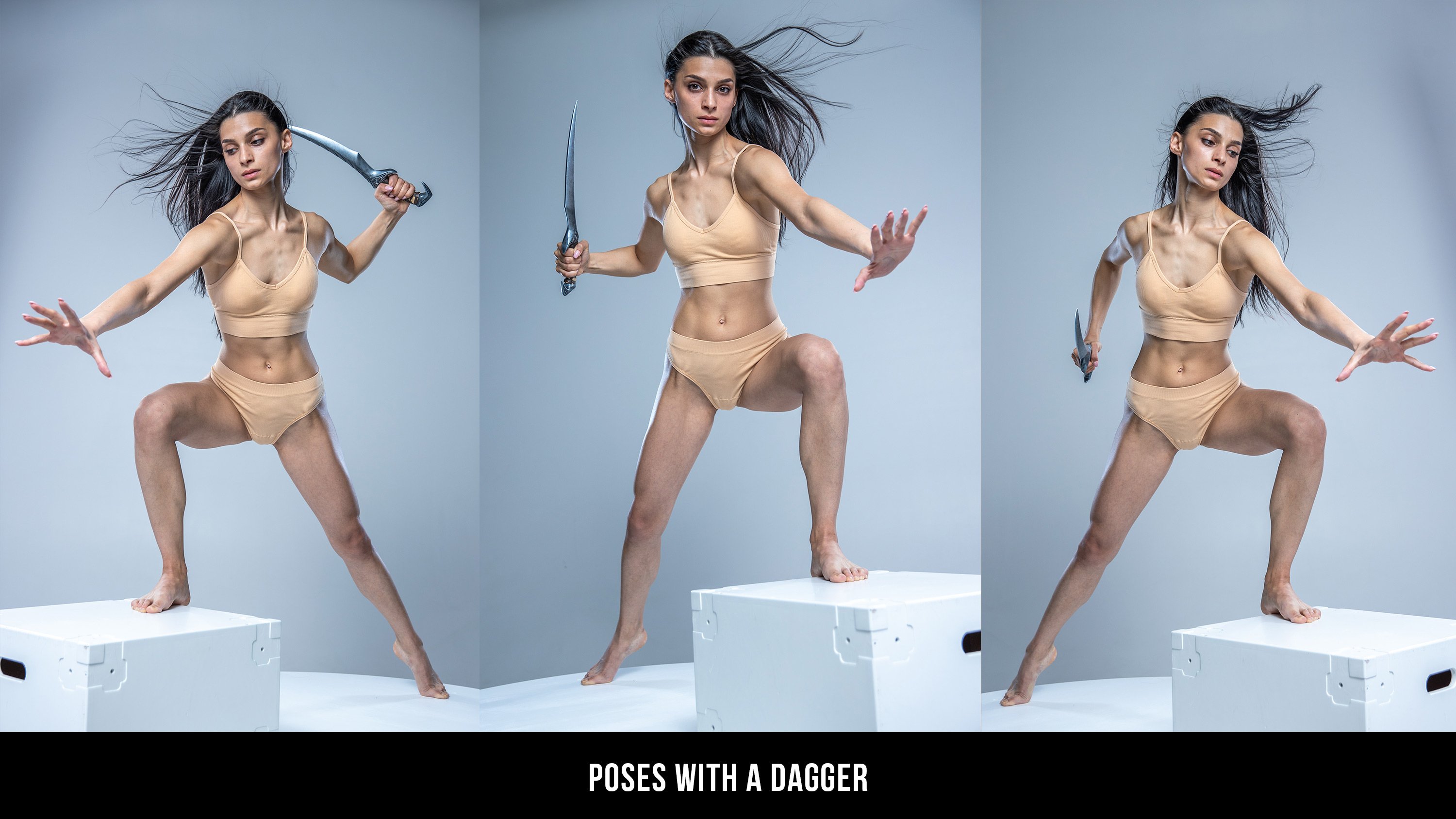 three images of a woman in athletic clothing posing with a dagger,  she is wearing a  beige sports bra and matching underwear. in the first image, she is holding the dagger in her right hand and her left hand is outstretched in a defensive posture. the second image shows her holding the dagger in her left hand and looking towards the camera. the third image has her standing on a white box, with her left hand outstretched and her right hand holding the dagger. she is looking off to the side in this pose.
