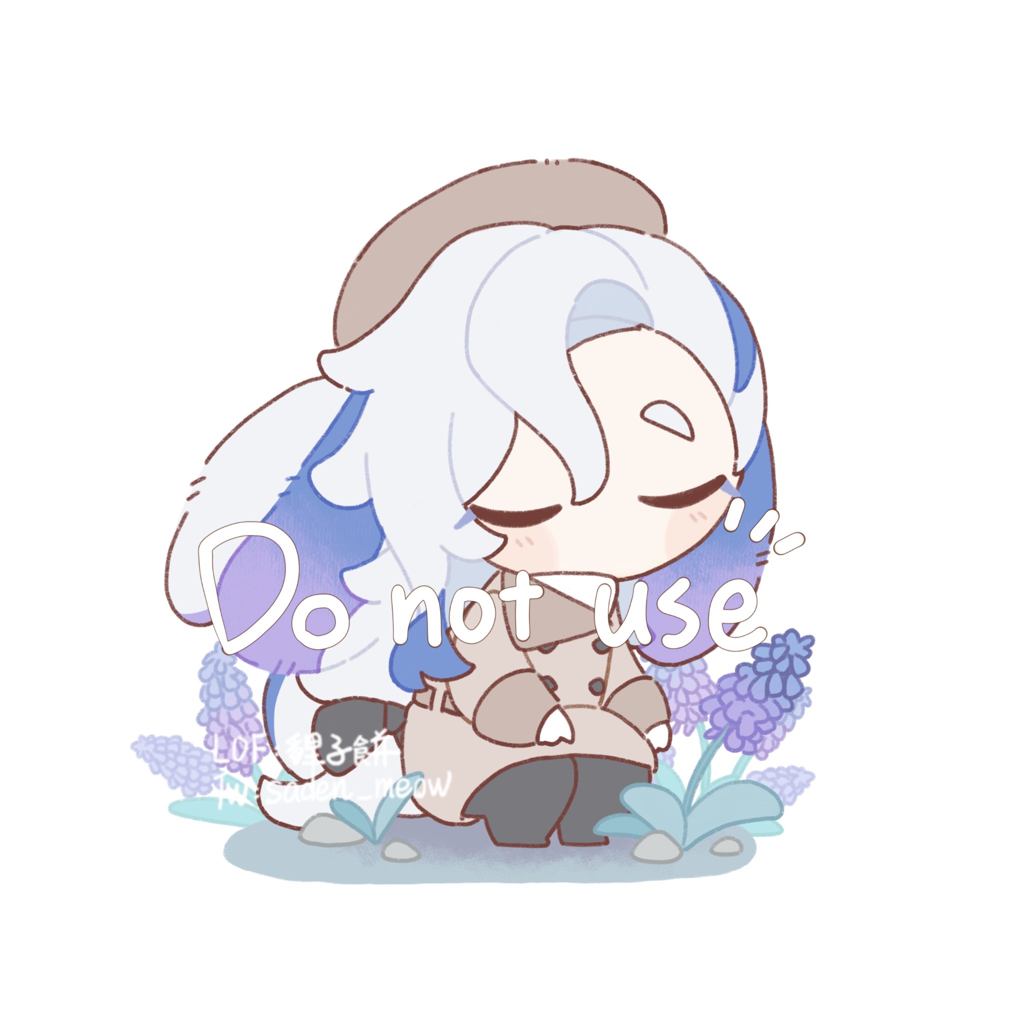 the image is a cute chibistyle illustration of a character that strongly resembles ganyu from the video game genshin impact.  the character is drawn in a soft, pastel color palette, with soft features and large eyes. they are wearing a light brown coat and hat and appear to be standing amidst purple hyacinth flowers. the drawing style is reminiscent of  kawaii (cute) anime art.  a watermark or artist signature is visible at the bottom, along with a "do not use" notice. the overall mood is peaceful and charming.