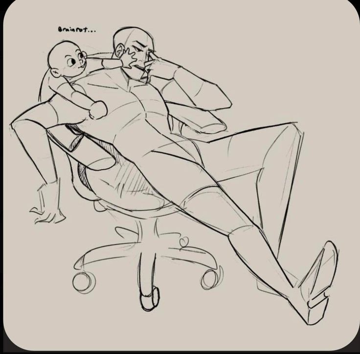 this is a sketch of a person sitting in a chair. the person is an adult and is holding a small child in their lap. the person is sitting with their legs crossed, and the child is holding on to the person's neck. the person is looking down and appears to be tired or sad. the drawing is done in black and white and appears to be a digital sketch. the background is a light grey.