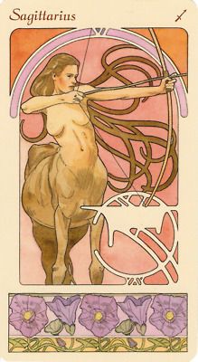 the image is a vintage art nouveau style illustration of sagittarius, the astrological sign. it features a centaur archer holding a bow and arrow, set against a pink and peachcolored background with ornate swirls. the bottom of the image is decorated with a row of purple flowers with green leaves. the word "sagittarius" is written at the top of the image, along with the sagittarius symbol. the style suggests a tarot card or vintage astrological chart.