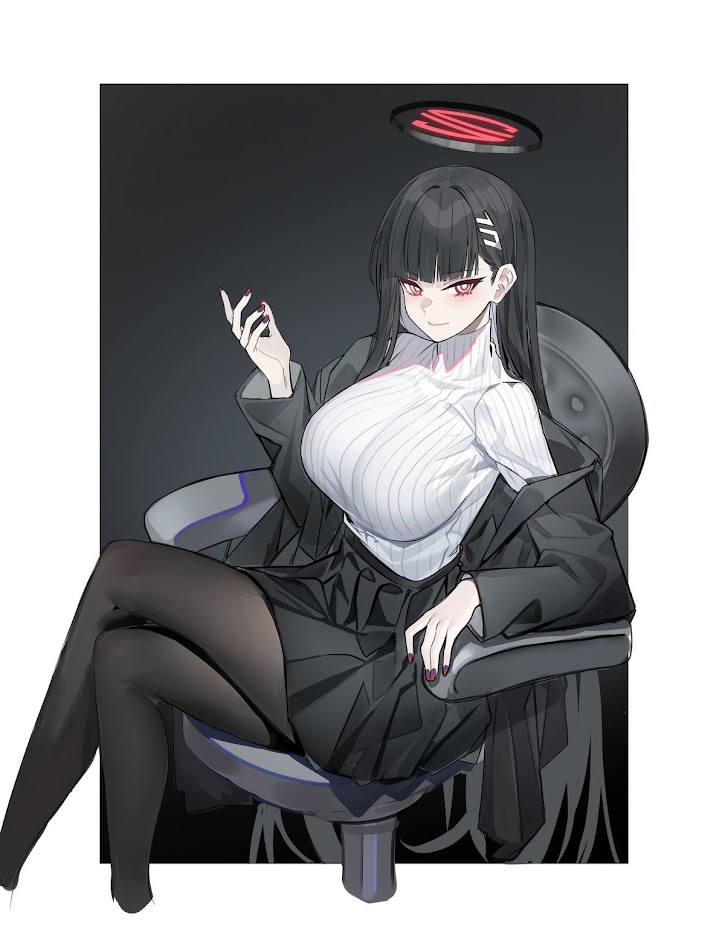 an anime girl with long black hair, wearing a white turtleneck sweater and a black skirt, sits in a black chair with her hands on the arms of the chair. she looks to the left, and she is smiling, with red eyes. she has red nails and a halo over her head. the background is a simple dark grey.