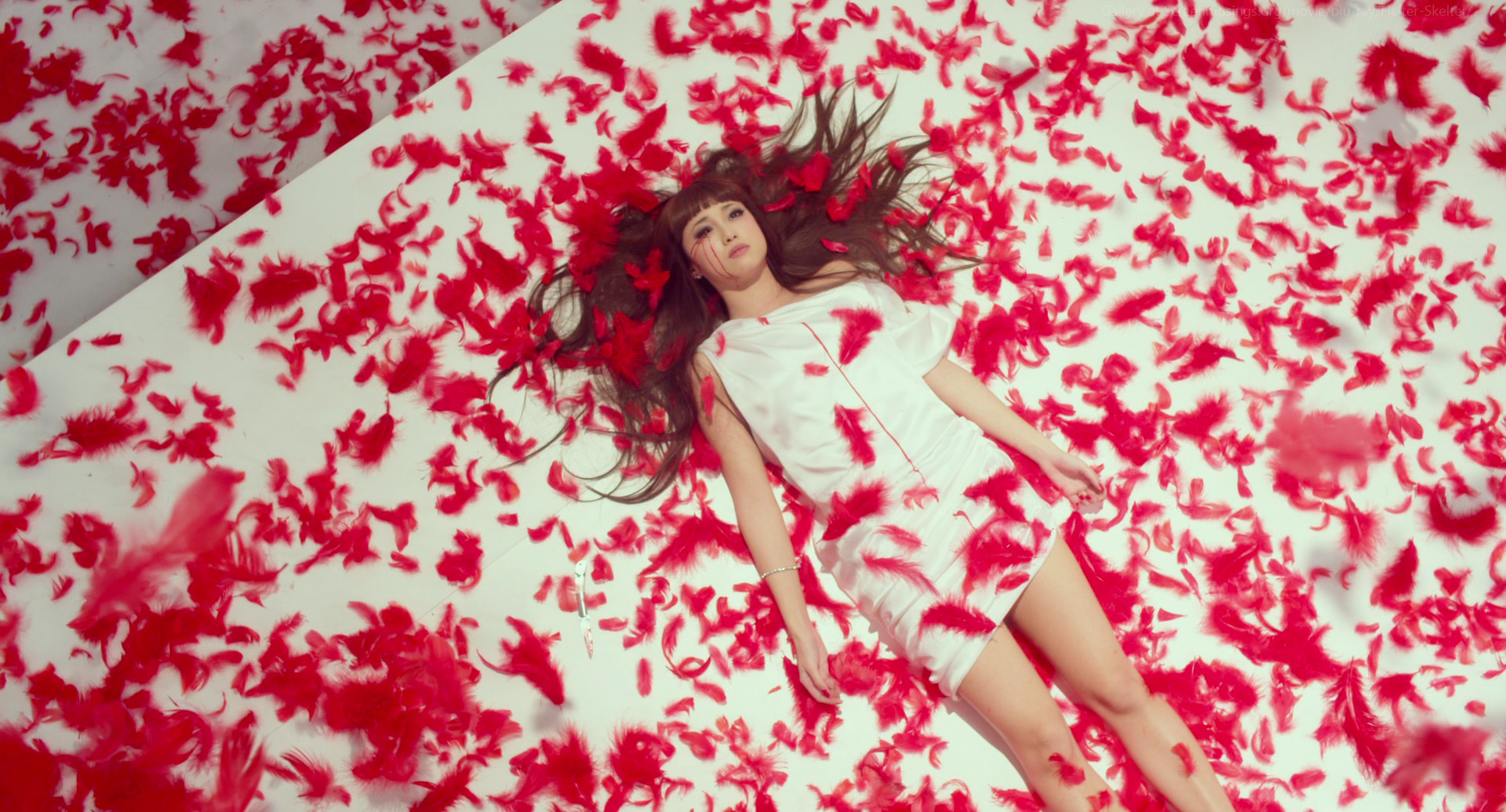 a woman in a white dress lies dead on a white floor. her body is surrounded by red feathers, some of which appear to be stained with blood. her eyes are closed and her hair is spread out around her head. the scene is lit artificially and is shot from an aerial perspective.