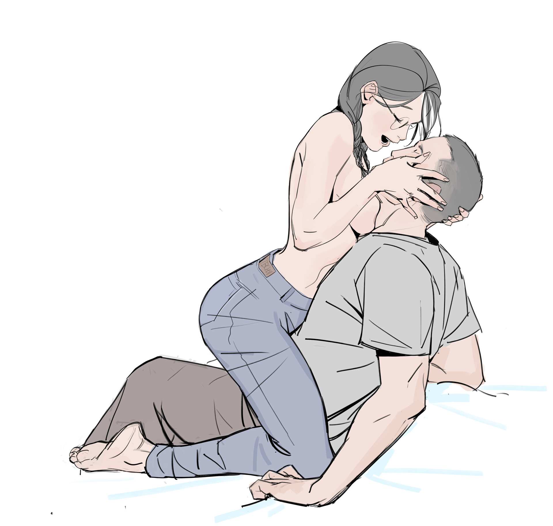 he illustration shows a couple intimately embracing. the woman, wearing jeans and glasses, is positioned on top of the man, who is lying on his back.  they are kissing passionately. the style is a soft, slightly muted grayscale digital drawing or painting, with subtle shading and line work conveying the intimacy of the moment. the setting appears to be a bed, adding to the suggestive context.