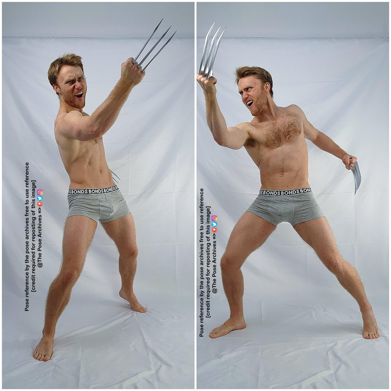 the image features a muscular man in grey underwear posing against a white background. he is holding large metal claws in each hand and is captured in two dynamic action poses, suggesting a fighting stance. the lighting is bright and even, typical of a studio environment. the image appears to be intended as a pose reference for artists.