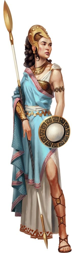 the image depicts a female warrior, likely inspired by ancient greek aesthetics. she's dressed in a light blue chiton (tunic) with gold trim and  a white underskirt.  she wears gold jewelry, including a  golden headband styled as a helmet.  she carries a spear in her left hand and a circular shield in her right. her sandals are  strapped to her legs, and she has gold armbands and what appears to be a metal breastplate. the style is consistent with fantasy art, potentially representing a character from a game or book.  the background is plain white, focusing attention on the figure.