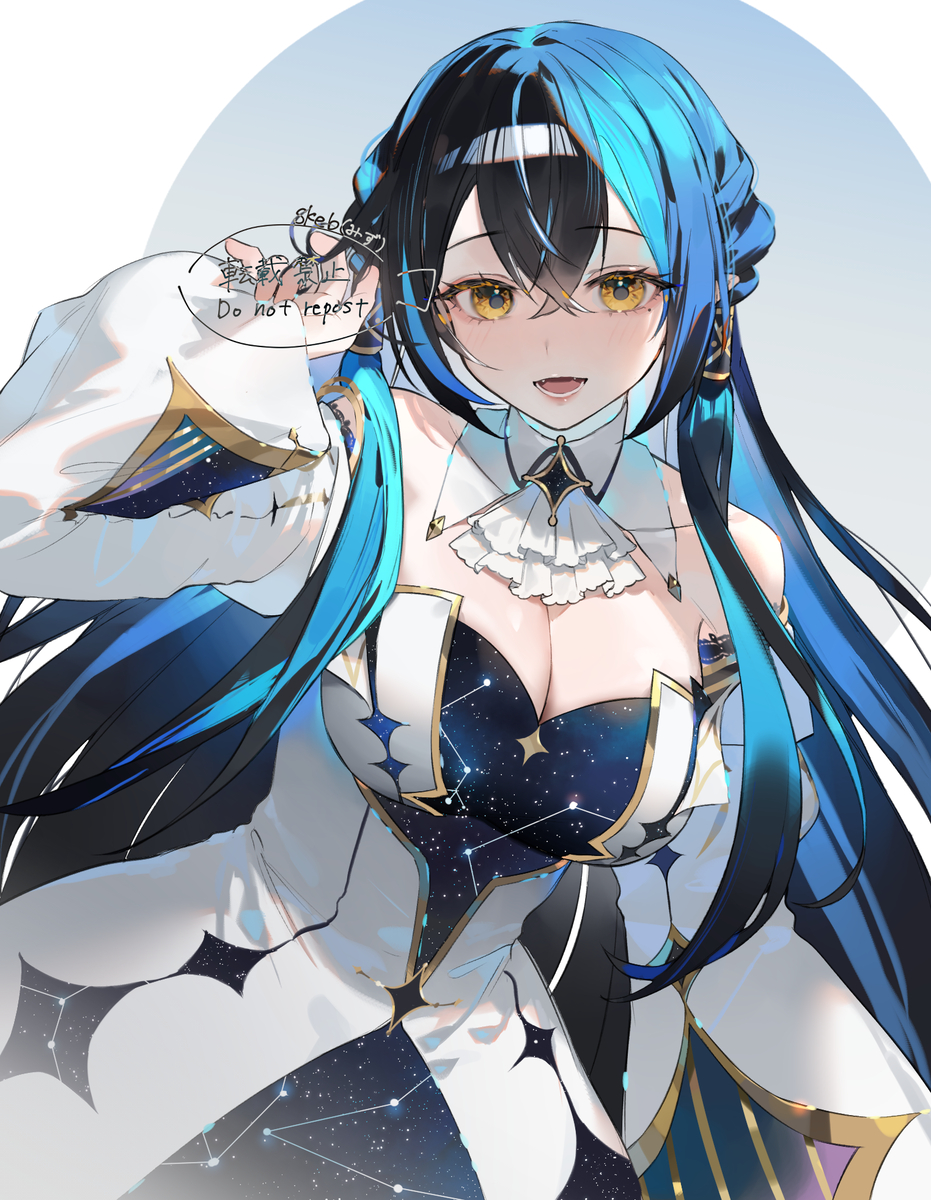 a digital art image of an anime girl with blue and black hair, yellow eyes, and wearing a white dress with a lowcut bodice featuring a starry constellation pattern. the dress has white frills at the collar and gold trim. she is smiling and appears to be posing. the image has a watermark or disclaimer in the upper left corner.