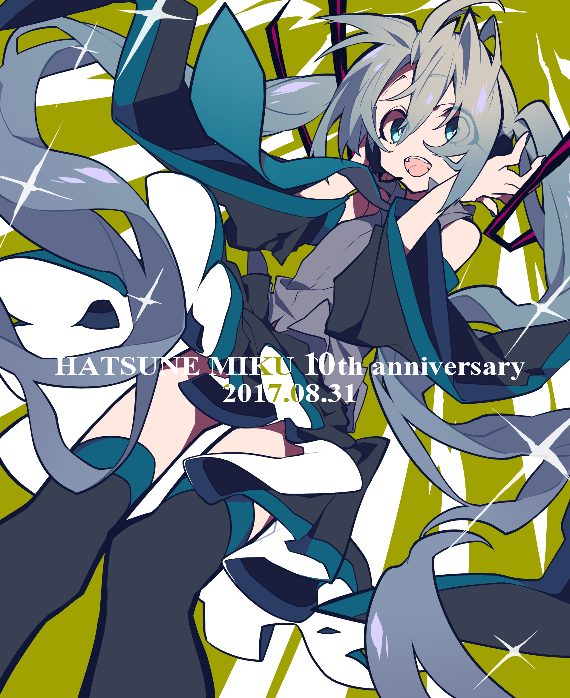 the image is an illustration of hatsune miku for her 10th anniversary, dated 2017.08.31. she is depicted as an anime girl with teal hair, a gray outfit, and a dynamic pose. the background is a yellowishgreen color with white and dark accents. there is text that reads "hatsune miku 10th anniversary" and the date.