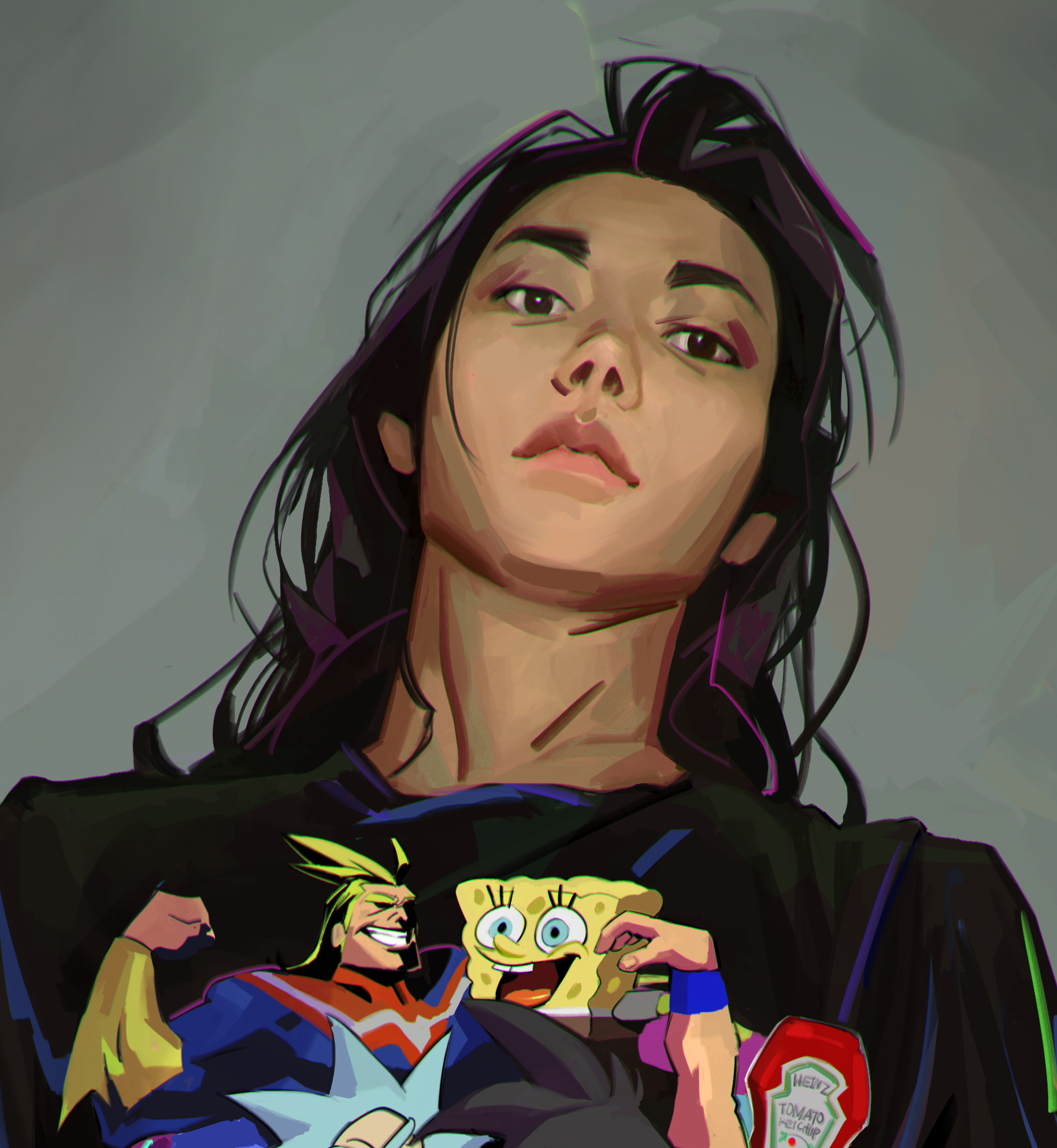 the image is a stylized digital painting of a young woman with long, dark hair. she's looking directly at the viewer with an expression that's both calm and slightly intense. she's wearing a black tshirt featuring various cartoon characters: spongebob squarepants, all might from my hero academia, and what appears to be rick sanchez from rick and morty. a bottle of heinz ketchup is also visible. the art style is a blend of anime and a more painterly approach, with bold colors and expressive lines. the overall mood is modern and slightly edgy.