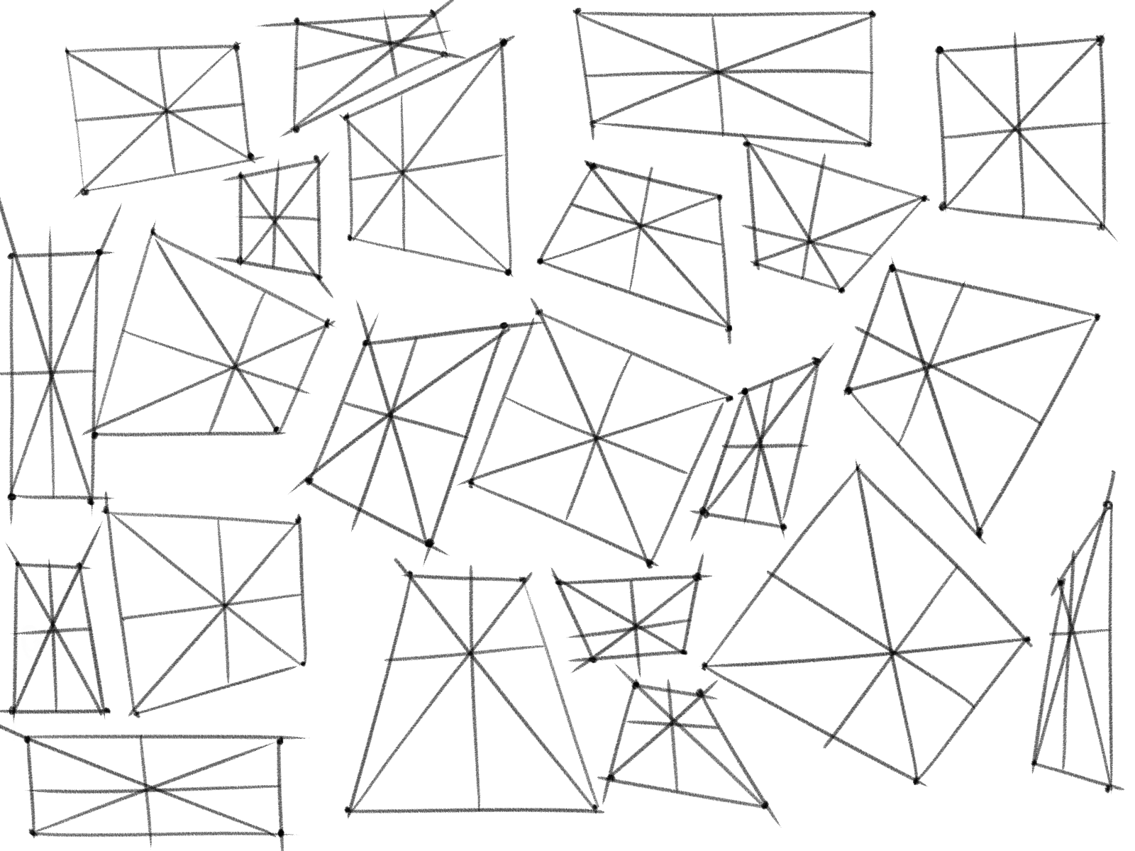 he image shows a collection of handdrawn geometric shapes, primarily quadrilaterals and triangles, scattered across a white background.  the shapes are irregular and overlap each other, creating a somewhat chaotic but aesthetically pleasing arrangement.  each shape is further divided by internal lines, creating a radiating or starburst effect from a central point within each form. the style is simplistic and sketched, with lines that are not perfectly straight or uniform, adding to the handdrawn feel. the overall effect is abstract and somewhat playful.