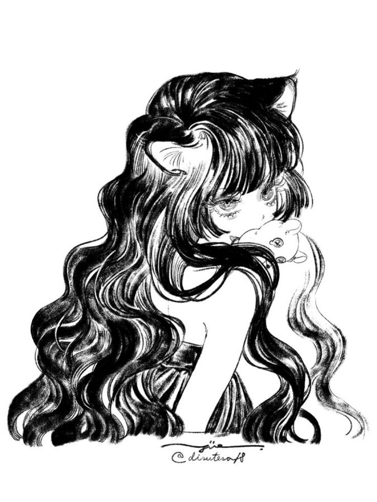 the image is a black and white digital drawing or illustration of an animestyle girl. she possesses long, wavy black hair styled with cat ears and is depicted from the shoulders up in a side profile.  her eyes are large and expressive, and she seems to be holding a small, indistinct animal or object close to her chest. the style is detailed, with a focus on the texture and flow of the hair, creating a dark, slightly melancholic mood. the overall aesthetic leans towards the kawaii and gothic styles prevalent in some anime and manga.  the artist's signature/watermark is visible at the bottom.